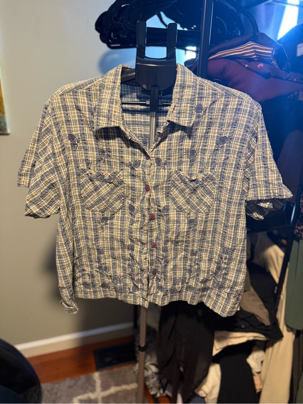 Fashion Bug Blue White Embroidered Plaid Short-Sleeve Button Shirt Cottagecore